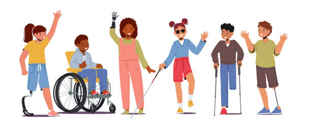 Kids Disability Concept. Disabled Children Characters on Wheelchair, Bionic Hand, Leg Prosthesis, Boy Use Crutches, Blind Girl with Stick or Sunglasses, Handicapped People. Cartoon Vector Illustration